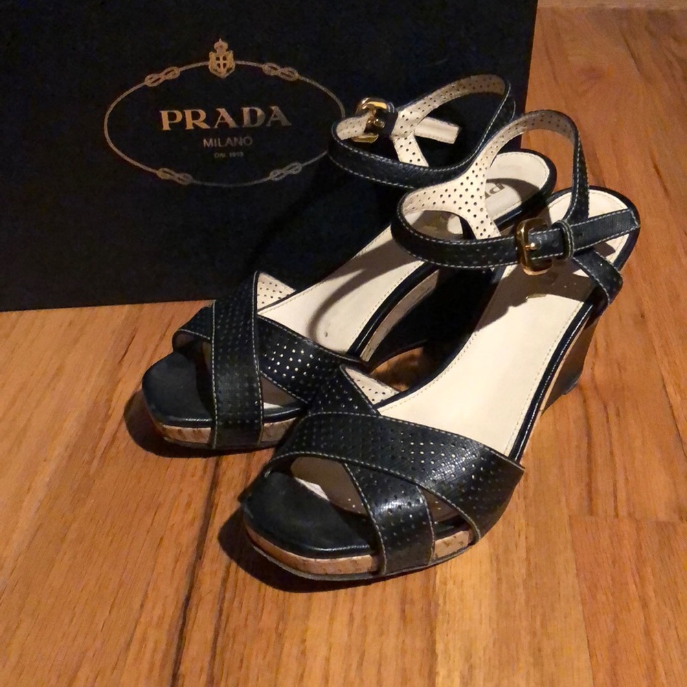 Prada Wedge Perforated Sandals, Size 36